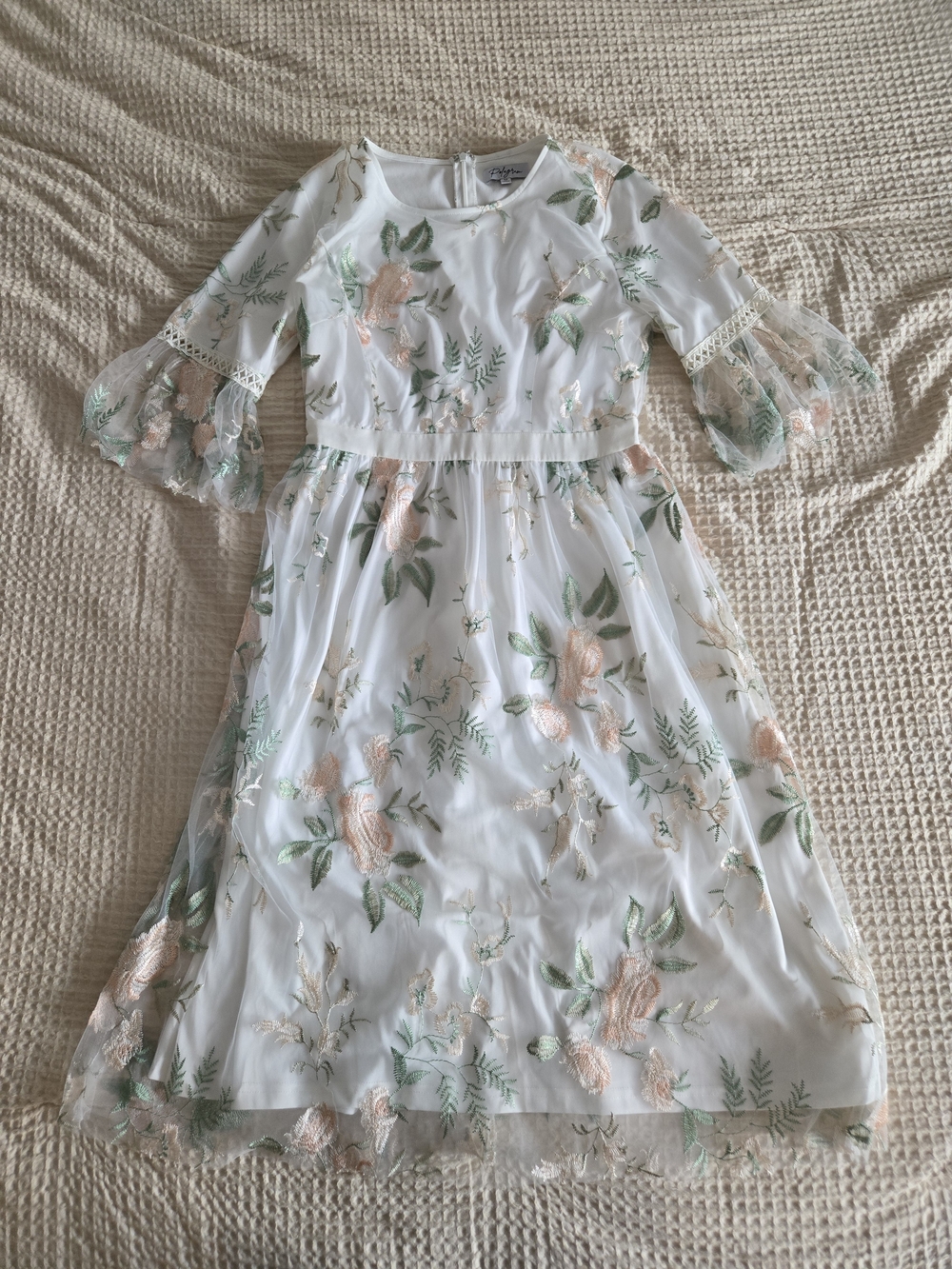 White Floral Embroidered Midi Dress with Peach & Green Details